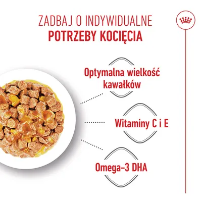 Miska na karmę z kawałkami mięsa, Tekst: Optymalna wielkość kawałków, witaminy C i E, kwas dokozaheksaenowy (DHA) omega-3. Miska na karmę z kawałkami mięsa, Tekst: Optymalna wielkość kawałków, witaminy C i E, kwas dokozaheksaenowy (DHA) omega-3.