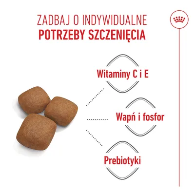 Trzy brązowe krokiety, obok tekst: witaminy C i E, wapń i fosfor, prebiotyki. Polska informacja o indywidualnych potrzebach szczeniąt. Trzy brązowe krokiety, obok tekst: witaminy C i E, wapń i fosfor, prebiotyki. Polska informacja o indywidualnych potrzebach szczeniąt.