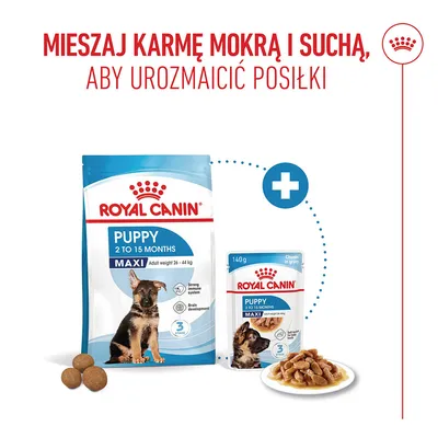 Royal Canin Puppy Maxi 2 do 15 miesięcy, karma sucha i mokra, Uwaga: Mieszaj karmę suchą i mokrą, aby urozmaicić posiłki. Royal Canin Puppy Maxi 2 do 15 miesięcy, karma sucha i mokra, Uwaga: Mieszaj karmę suchą i mokrą, aby urozmaicić posiłki.