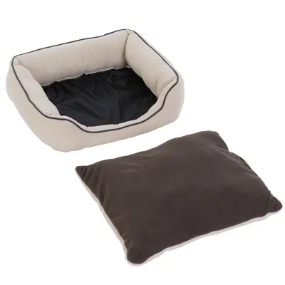 Beige pet bed with black interior and removable brown cushion. Suitable for comfort and easy cleaning.