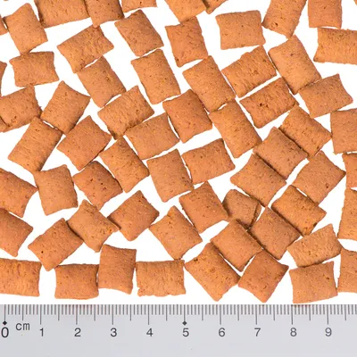 Close-up of brown, rectangular snacks with a ruler for size reference. Snack dimensions approx. 1–2 cm.
