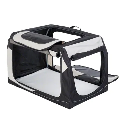 Opvouwbare transportbox van zwart en beige textiel met openingen aan de zijkant en bovenkant, handvat bovenop, geschikt voor huisdieren. Binnenzijde voorzien van wit ligvlak.