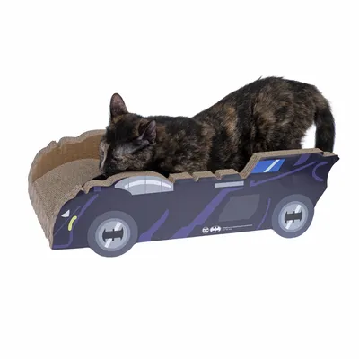 Krabmeubel van karton in de vorm van een Batmobile, met een kat erop liggend. Ontwerp met zwarte en blauwe accenten en zichtbaar Batman-logo.