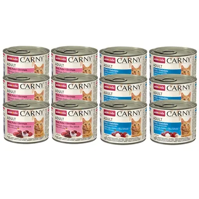 Animonda Carny Adult корм для кошек, варианты: говядина, индейка + креветки, говядина + треска, без зерна, 12 банок по 200 г.