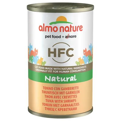 Conservă almo nature HFC Natural pentru pisici, text vizibil: tuna with shrimps, cat food made with natural ingredients originally fit for human consumption.