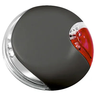 Accessoire rond en plastique noir avec une partie transparente et un bouton rouge marqué ON/OFF, aucun texte ou marque visible.