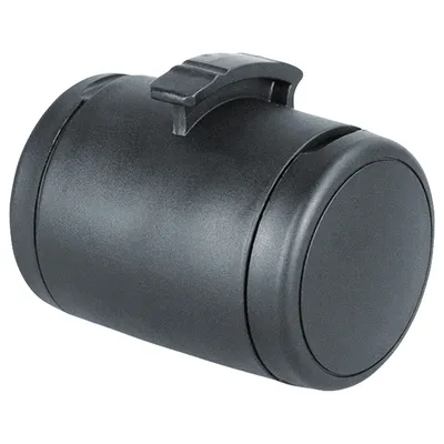 Contenitore cilindrico nero in plastica con clip visibile sul lato superiore. Nessun marchio o testo identificabile presente sull'immagine.