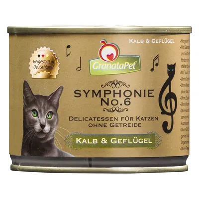 GranataPet Symphonie No.6 Kalb & Geflügel, delicatessen per gatti senza cereali, con immagine di gatto e testo 'Hergestellt in Deutschland' sulla confezione.
