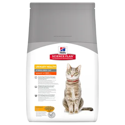 Hill's Science Plan Urinary Health Sterilised Cat Adult 1+ con pollo. Imagen de un gato y croquetas. Texto visible en inglés sobre beneficios urinarios, control de peso y antioxidantes.