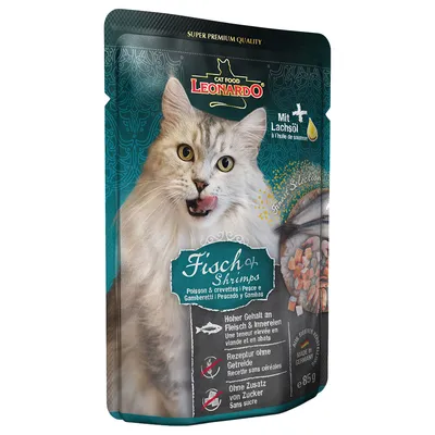 Leonardo Cat Food Fisch & Shrimps, pesce e gamberetti, senza cereali né zuccheri aggiunti, 85 g. Testo in tedesco, francese, italiano e spagnolo visibile sulla confezione.