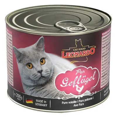 Leonardo Cat Food Pur perad, konzerva 200g, proizvedeno u Njemačkoj. Siva mačka na crvenoj pozadini.