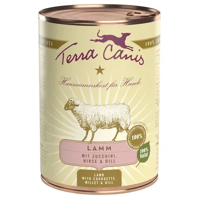 Terra Canis Hausmannskost für Hunde, Lamm met courgette, gierst en dille. 100% natuur. Tekst deels in het Duits en Engels zichtbaar op het blik.