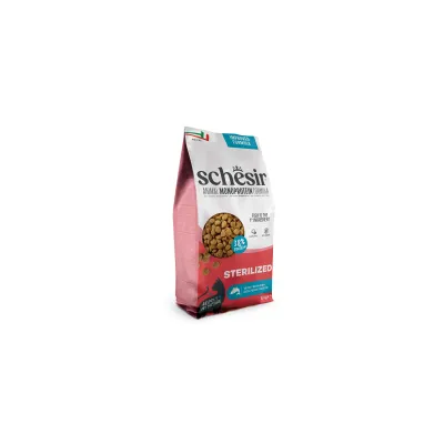 Schesir Sterilized, Monoprotein-formel med animalsk protein, fisk som hovedingrediens, 3,8 % fedt, emballage med billede af foderet og det italienske flag