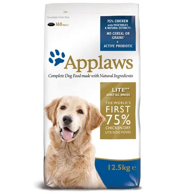 Applaws hondenvoer 12,5 kg, 75% kip, geen granen, actieve probiotica, geschikt voor volwassen honden alle rassen. Tekst: '160 maaltijden', 'Lite', 'The world's first 75% chicken dry lite dog food'.