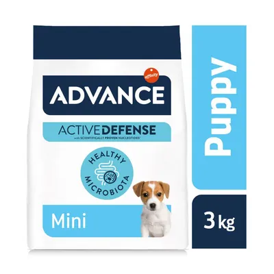 Confezione ADVANCE Active Defense Mini Puppy 3 kg, scritte: Healthy Microbiota, con immagine di un cucciolo di cane. Marchio affinity visibile.