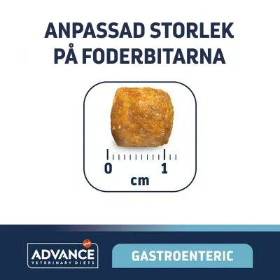 Advance Veterinary Diets Gastroenteric, anpassad storlek på foderbitarna visas med en bit och linjal i centimeter. Text: Anpassad storlek på foderbitarna.