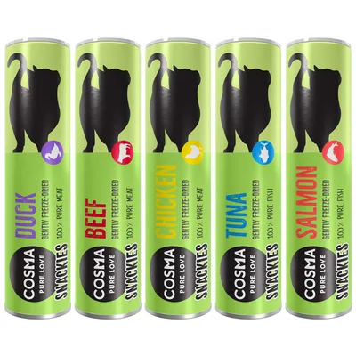 Cosma Snackies Pure Love, gefriergetrocknetes Fleisch und Fisch: Sorten Ente, Rind, Huhn, Thunfisch, Lachs. 100% reines Fleisch oder Fisch.