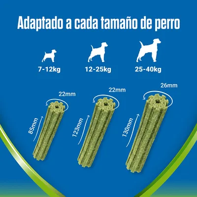Guía de tamaños: snacks para perros de 7–12 kg (85×22 mm), 12–25 kg (123×22 mm) y 25–40 kg (130×26 mm). Texto: Adaptado a cada tamaño de perro.