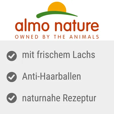 almo nature. Tuore lohi, karvapalloja ehkäisevä, luonnonmukainen resepti.