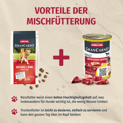 Animonda GranCarno Adult Geflügel + Rind Trockenfutter und Multifleisch-Cocktail Nassfutter. Vorteile der Mischfütterung: Hoher Feuchtigkeitsgehalt, leicht zu dosieren und servieren.