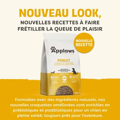 Applaws Poulet, nouvelle recette. Croquettes complètes et équilibrées pour chiens, enrichies en prébiotiques et postbiotiques, paquet de 12 kg.