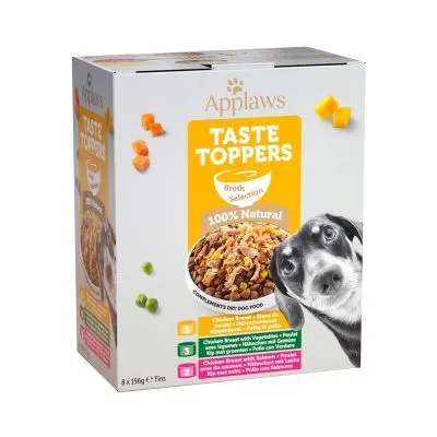 Applaws Taste Toppers Broth Selection 100% Natural, confezione con immagine di ciotola di cibo per cani e cane in primo piano. Testo visibile: Chicken Breast, Chicken Breast with Vegetables, Chicken Breast with Salmon.