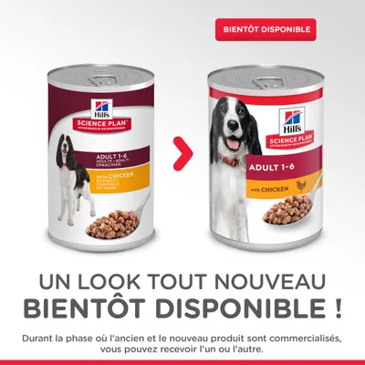 Hill’s Science Plan Adult 1-6 with Chicken, ancienne et nouvelle boîte montrées côte à côte. Texte : Un look tout nouveau bientôt disponible. Vous pouvez recevoir l’un ou l’autre produit.