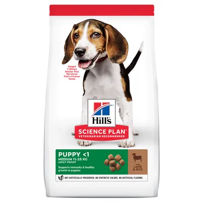 Confezione Hill's Science Plan Puppy <1 Medium 11–25 kg con agnello e riso, crocchette per cuccioli. Testo visibile: 'Supports immunity & healthy growth in puppies'.