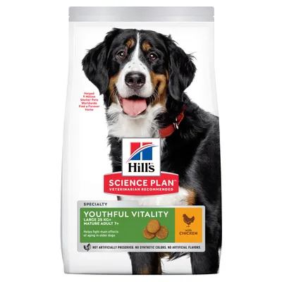 Hill's Science Plan Youthful Vitality Large 25 kg+ Mature Adult 7+ con pollo. Ayuda a combatir los principales efectos del envejecimiento en perros mayores. Sin conservantes ni colorantes artificiales.