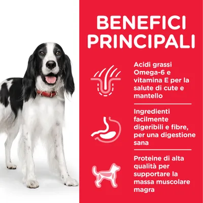 BENEFICI PRINCIPALI: Acidi grassi Omega-6 e vitamina E per la salute di cute e mantello, ingredienti facilmente digeribili e fibre, proteine di alta qualità per la massa muscolare magra.