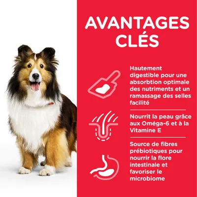 AVANTAGES CLÉS : hautement digestible, absorption optimale des nutriments, ramassage des selles facilité, nourrit la peau aux Oméga-6 et Vitamine E, fibres prébiotiques pour le microbiome.