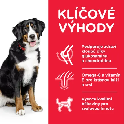 Klíčové výhody: Podporuje zdraví kloubů díky glukosaminu a chondroitinu, omega-6 a vitamín E pro kůži a srst, vysoce kvalitní bílkoviny pro svalovou hmotu.