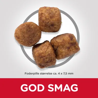 Foderpille størrelse ca. 4 x 7,5 mm. Tekst: GOD SMAG