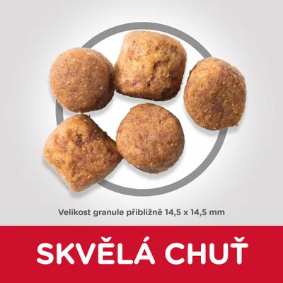 Granule s veľkosťou približne 14,5 × 14,5 mm. Text: SKVĚLÁ CHUŤ (česky).