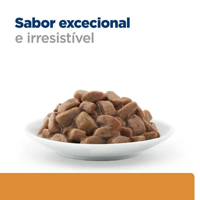 Prato com pedaços de comida húmida castanha. Texto visível: 'Sabor excecional e irresistível'.