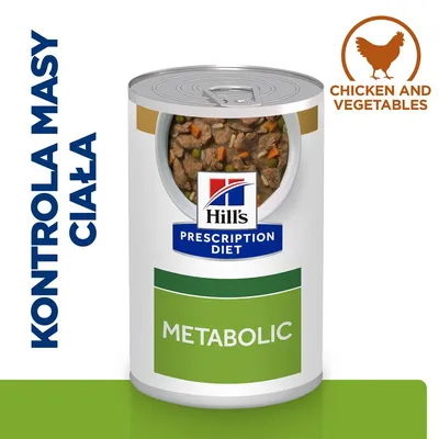 Hill's Prescription Diet Metabolic, kontrola masy ciała, chicken and vegetables. Widoczna puszka z kawałkami mięsa i warzyw.