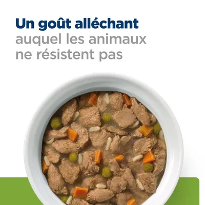 Un goût alléchant auquel les animaux ne résistent pas. Bol de nourriture humide avec morceaux de viande, carottes et petits pois visibles.