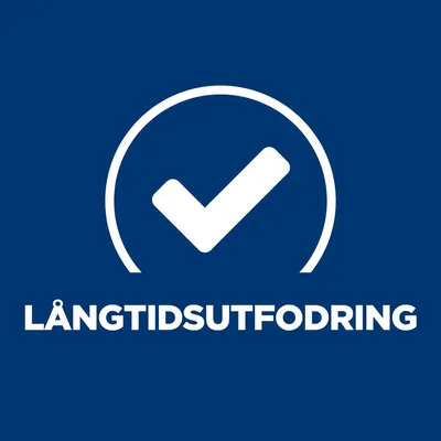 Text: LÅNGTIDSUTFODRING med en vit bock i cirkel ovanför texten.
