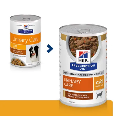 Twee blikken Hill's Prescription Diet Urinary Care c/d Multicare hondenvoer, Stew with Chicken & Added Vegetables. Links oud ontwerp met hond, rechts nieuw ontwerp met voerafbeelding.