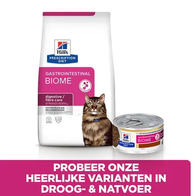 Hill's Prescription Diet Gastrointestinal Biome kattenvoer, droge en natte variant. Tekst: Probeer onze heerlijke varianten in droog- & natvoer.