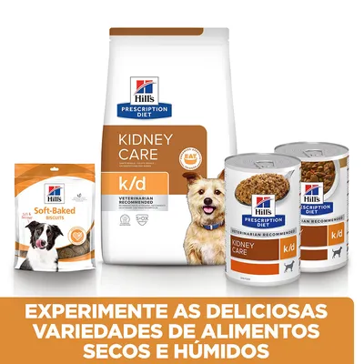 Hill's Prescription Diet Kidney Care k/d: embalagem de ração seca, duas latas de alimento húmido e biscoitos Soft-Baked. Texto: Experimente as deliciosas variedades de alimentos secos e húmidos.