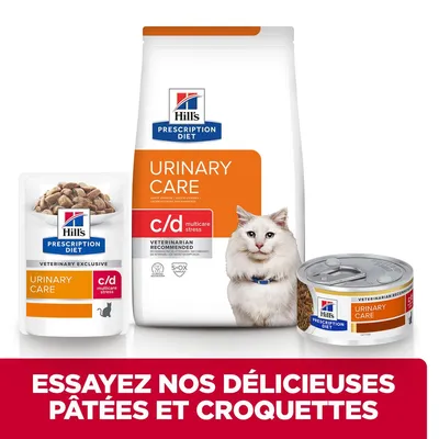 Hill's Prescription Diet Urinary Care c/d multicare stress pour chats, sachet, sac et boîte visibles. Texte : Essayez nos délicieuses pâtées et croquettes.