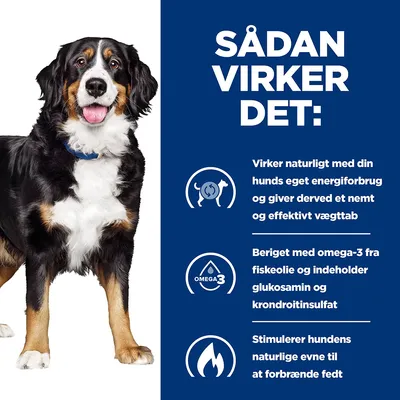 SÅDAN VIRKER DET: Virker naturligt med din hunds eget energiforbrug og giver derved et nemt og effektivt vægttab. Beriget med omega-3 fra fiskeolie, glukosamin og kondroitinsulfat. Stimulerer fedtforbrænding.
