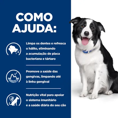 Como ajuda: Limpa os dentes e refresca o hálito, elimina placa bacteriana e tártaro. Promove saúde das gengivas. Nutrição vital para sistema imunitário e saúde diária do cão.