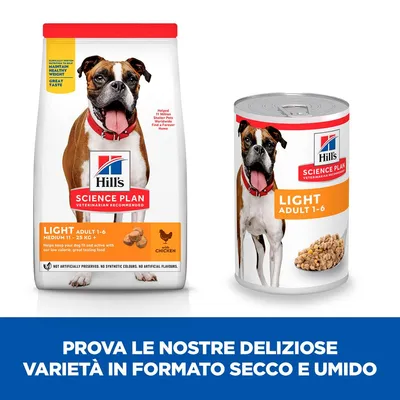 Hill's Science Plan Light Adult 1-6 per cani medi 11–25 kg, confezione secca con pollo e lattina umida. Testo: Prova le nostre deliziose varietà in formato secco e umido.