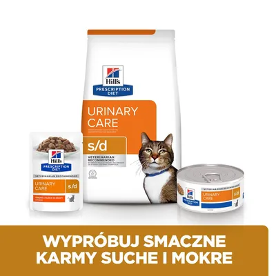Hill's Prescription Diet Urinary Care s/d dla kotów – opakowanie suchej karmy, saszetka i puszka. Napis: Wypróbuj smaczne karmy suche i mokre.