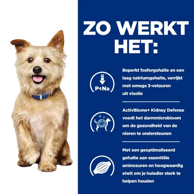 Zo werkt het: beperkt fosforgehalte en laag natrium, verrijkt met omega 3 uit visolie; ActivBiome+ Kidney Defense ondersteunt darmmicrobioom; geoptimaliseerd eiwit en aminozuren.