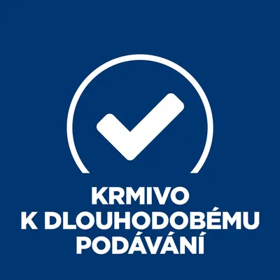 KRMIVO K DLOUHODOBÉMU PODÁVÁNÍ (text v češtine) s veľkým bielym zaškrtnutím v kruhu na modrom pozadí.