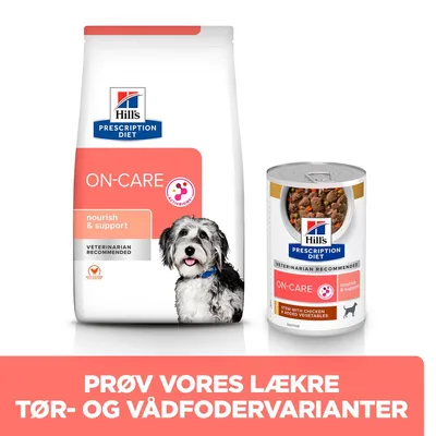 Hill's Prescription Diet ON-CARE tørfoder og vådfoder med teksten 'nourish & support'. Prøv vores lækre tør- og vådfodervarianter. Stew with chicken & added vegetables.