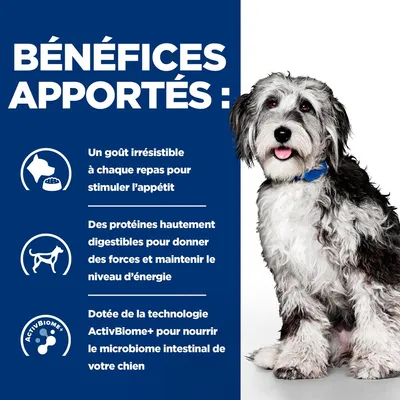 BÉNÉFICES APPORTÉS : goût irrésistible à chaque repas, protéines hautement digestibles pour l’énergie, technologie ActivBiome+ pour le microbiome intestinal du chien.